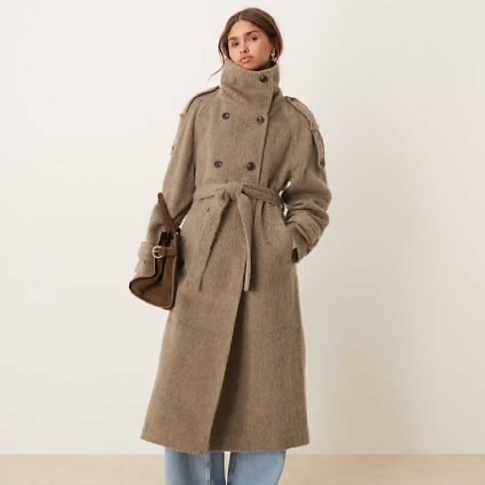 ASOS DESIGN brushed funnel neck trench coat in mushroom